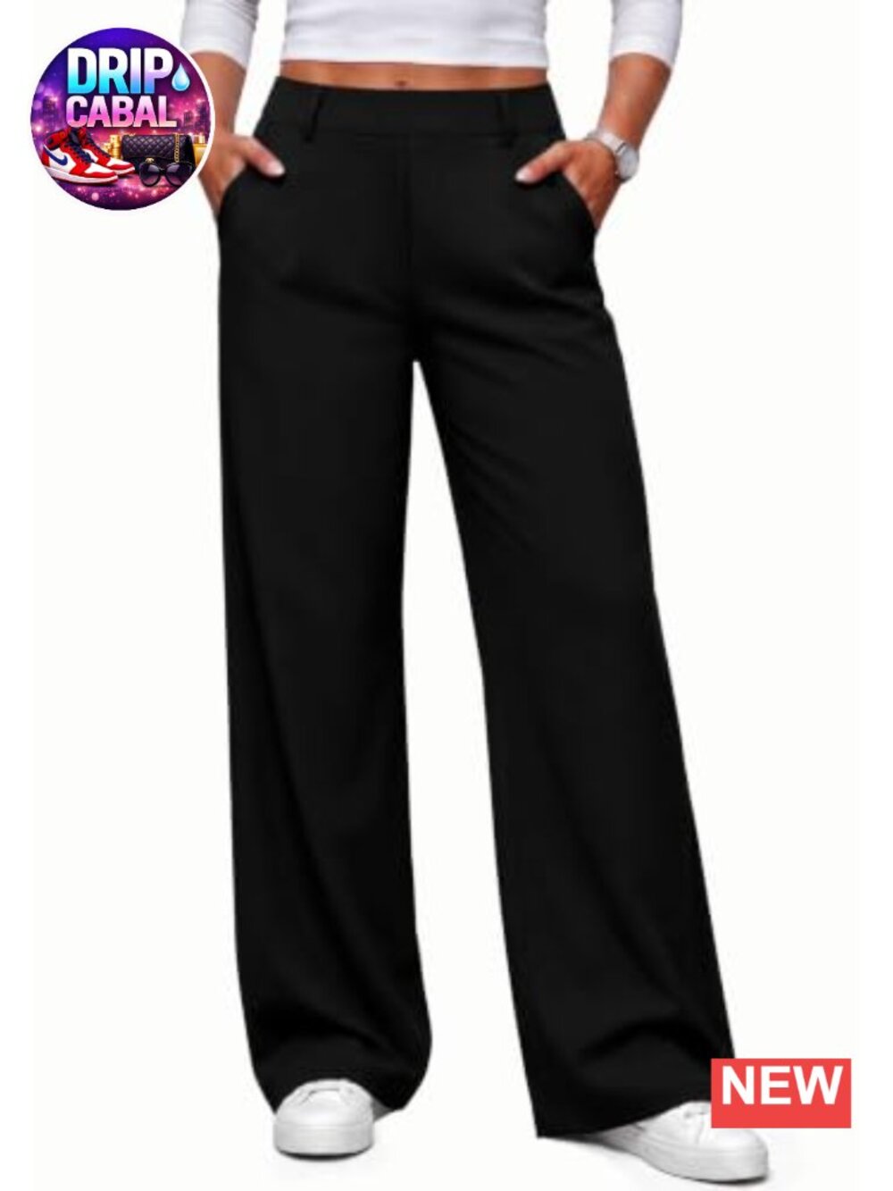 High Waisted Wide Leg Pants, Stretchy Pull On Slacks with Pockets, Business